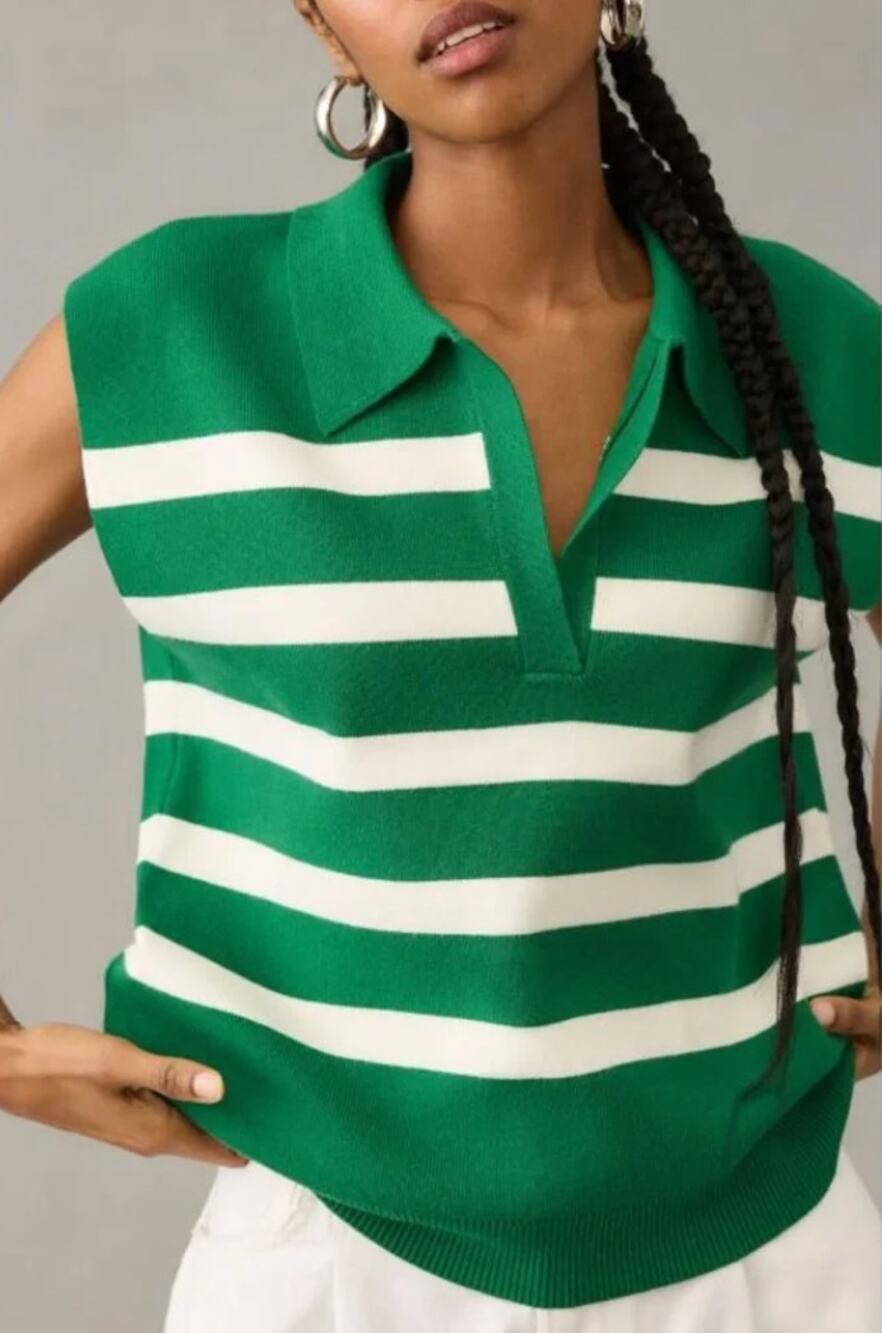 Maeve Green White Stripe Collared Sleeveless Sweater Vest XS